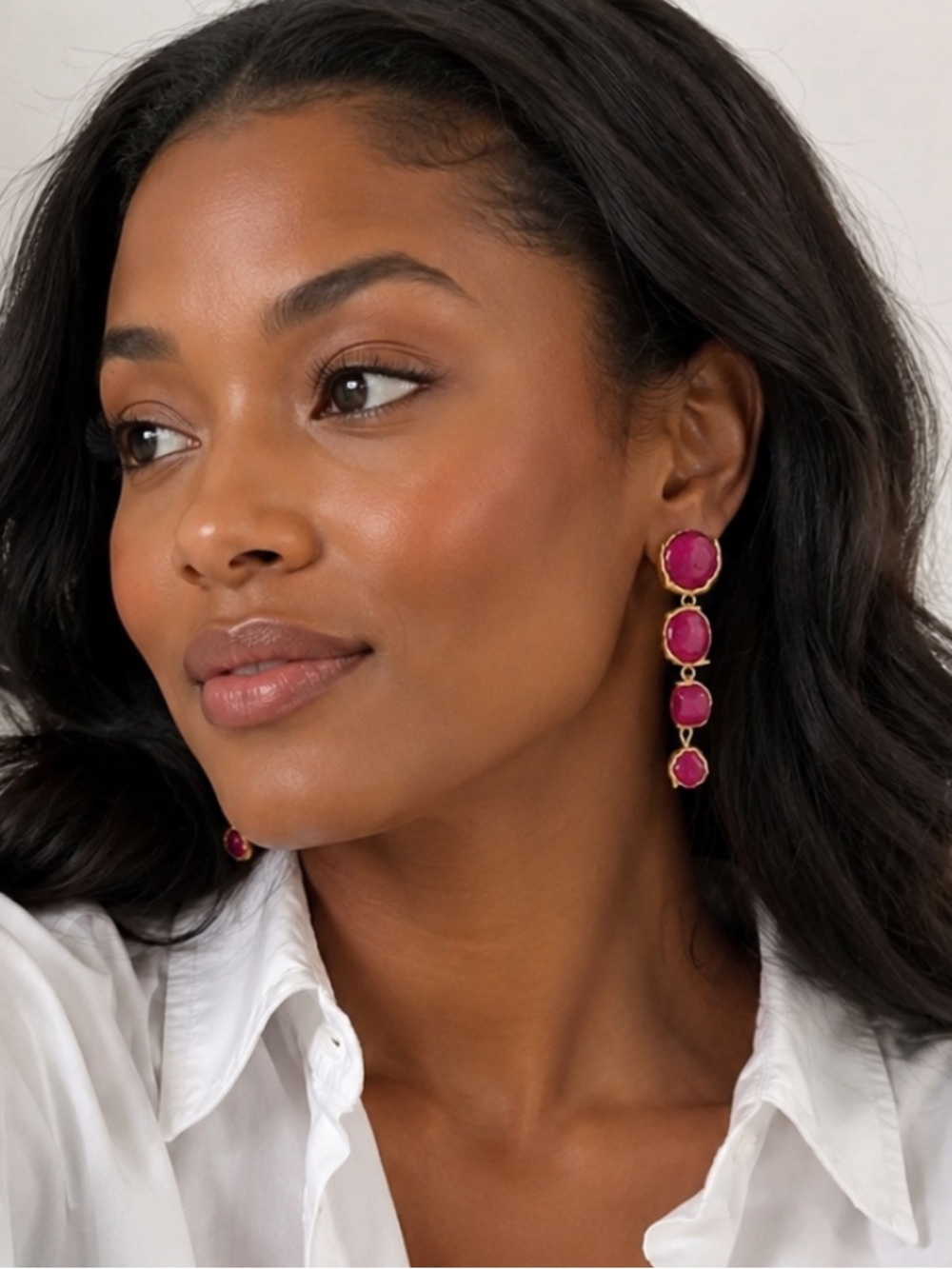 New! Gold Magenta Graduated Sculpted Circle Linear Drop Earrings (3008) NWOT